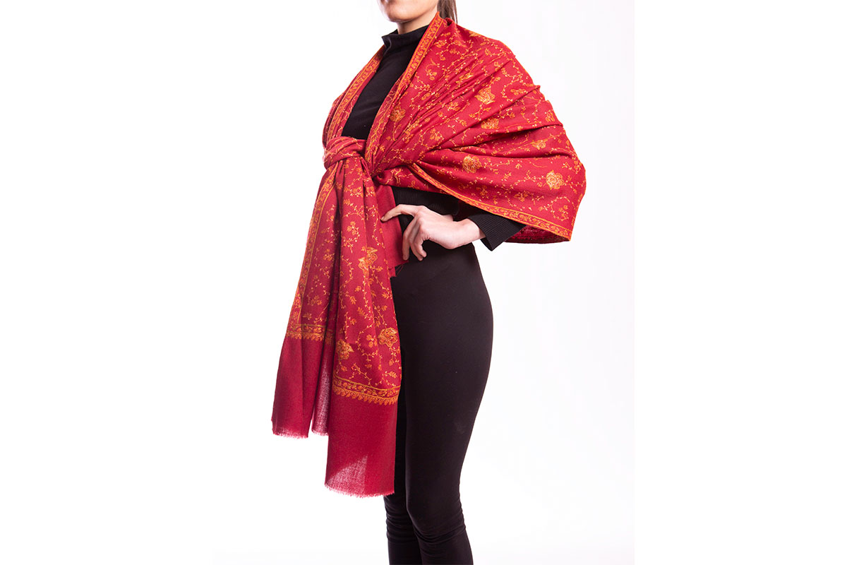 Pashmina de lana grueso de cashmere, bordada a mano, rojo